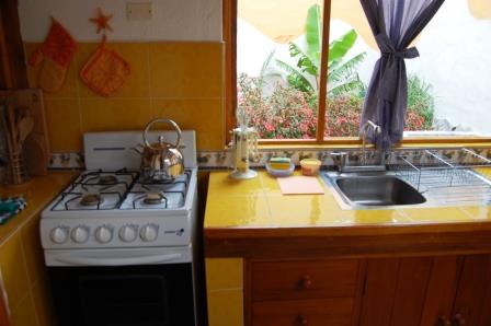 Cocina equipada con estufa y mesón de madera.
