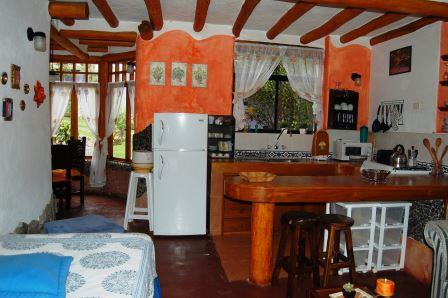 Comedor y cocina con paredes de color terracota.