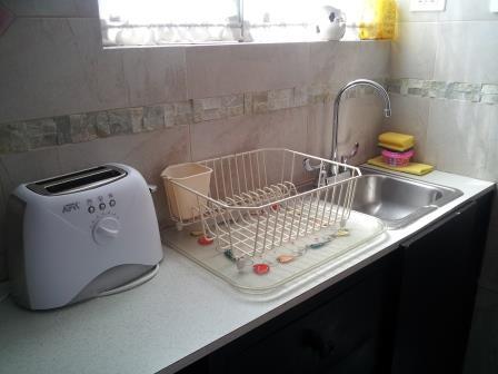 Lavaplatos y mesón de la cocina.